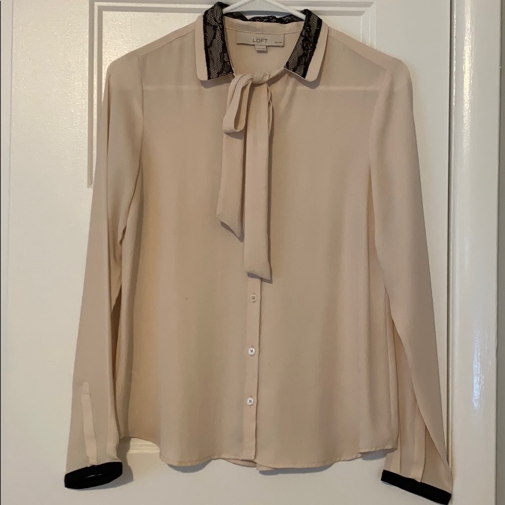 LOFT Cream Blouse with Black Lace Collar Overlay